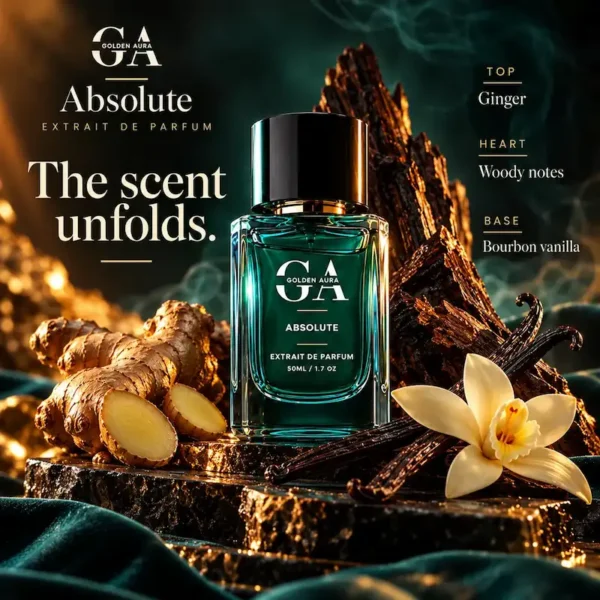absolute 3rd image Golden Aura Absolute fragrance notes featuring ginger, woods and bourbon vanilla