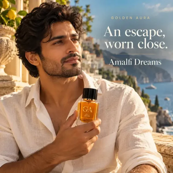 amalfi dreams 2nd image Golden Aura Amalfi Dreams Extrait de Parfum campaign model holding luxury woody amber men's fragrance bottle