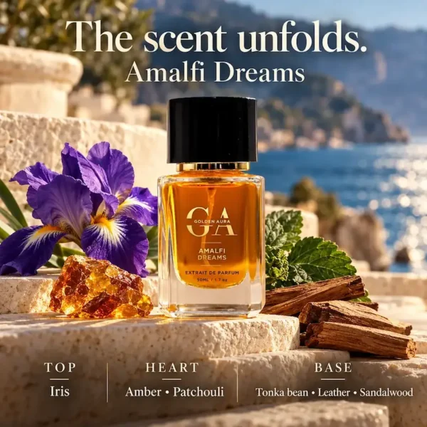 amalfi dreams 3rd image Amalfi Dreams perfume notes breakdown featuring iris, amber, patchouli, tonka bean, leather, and sandalwood by Golden Aura