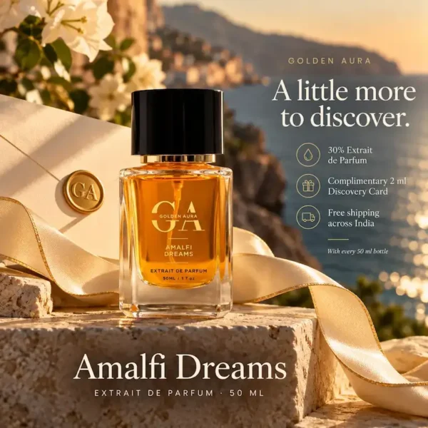 amalfi dreams 4th image Golden Aura Amalfi Dreams 50ml perfume bottle with 30% concentration, complimentary 2ml discovery card, and free shipping in India