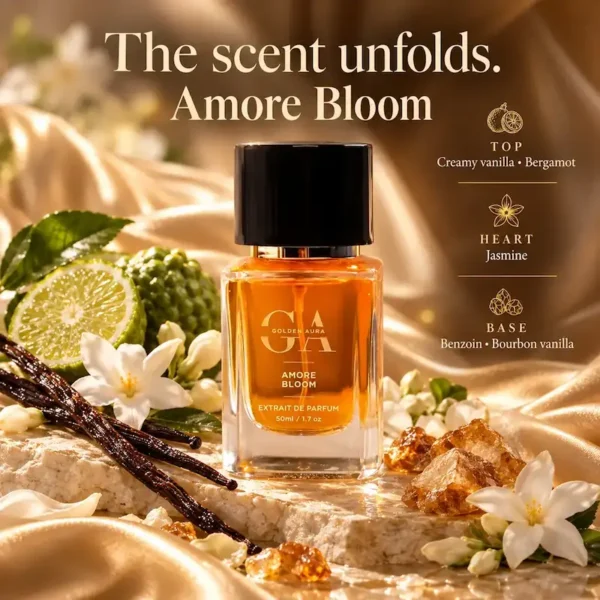 amore bloom 3rd image Amore Bloom perfume notes breakdown featuring creamy vanilla, bergamot, jasmine, benzoin, and Bourbon vanilla by Golden Aura