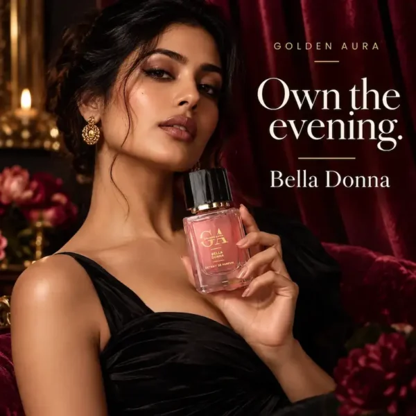 bella donna 2nd image Golden Aura Bella Donna Extrait de Parfum campaign model holding luxury floral perfume for women