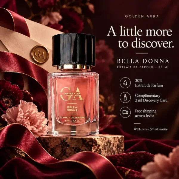 bella donna 4th image Golden Aura Bella Donna 50ml perfume bottle with 30% concentration, complimentary 2ml sample card, and free shipping in India