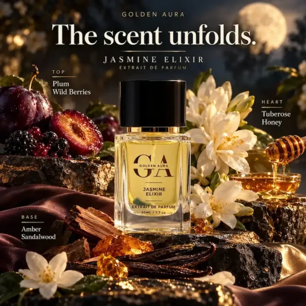 Jasmine Elixir perfume notes breakdown featuring plum, wild berries, tuberose, honey, amber, and sandalwood by Golden Aura