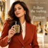 Golden Aura Passion Extrait de Parfum campaign model holding luxury date night perfume for women