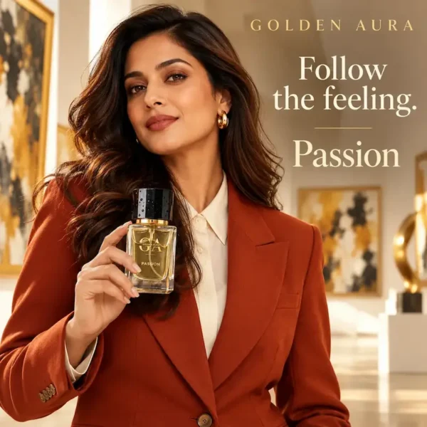 Golden Aura Passion Extrait de Parfum campaign model holding luxury date night perfume for women