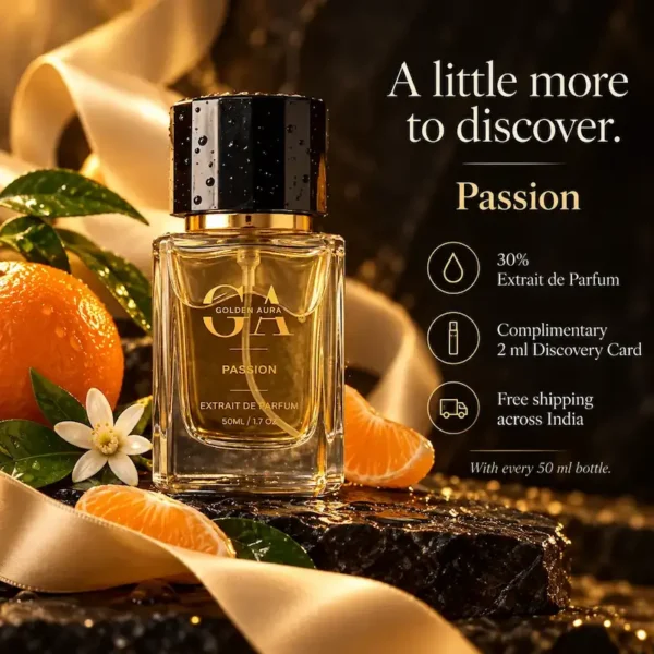 Golden Aura Passion 50ml perfume bottle with 30% concentration, complimentary 2ml sample card, and free shipping in India