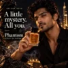 phantom 2nd image Golden Aura Phantom Extrait de Parfum campaign model holding mysterious oriental men's fragrance bottle
