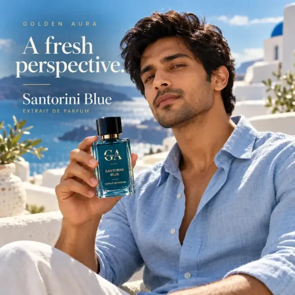 Golden Aura Santorini Blue Extrait de Parfum campaign model holding fresh aquatic men's perfume bottle in India
