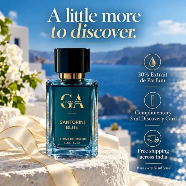 Golden Aura Santorini Blue luxury perfume features with 30% extrait concentration and free shipping across India