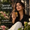 Golden Aura Secret Garden Extrait de Parfum campaign model holding luxury floral perfume for women