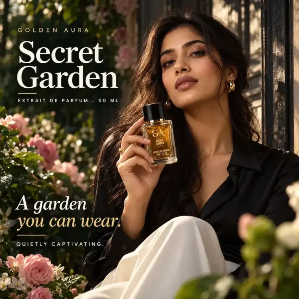 Golden Aura Secret Garden Extrait de Parfum campaign model holding luxury floral perfume for women