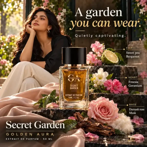 Secret Garden perfume olfactory notes breakdown featuring sweet pea, freesia, damask rose, and musk by Golden Aura